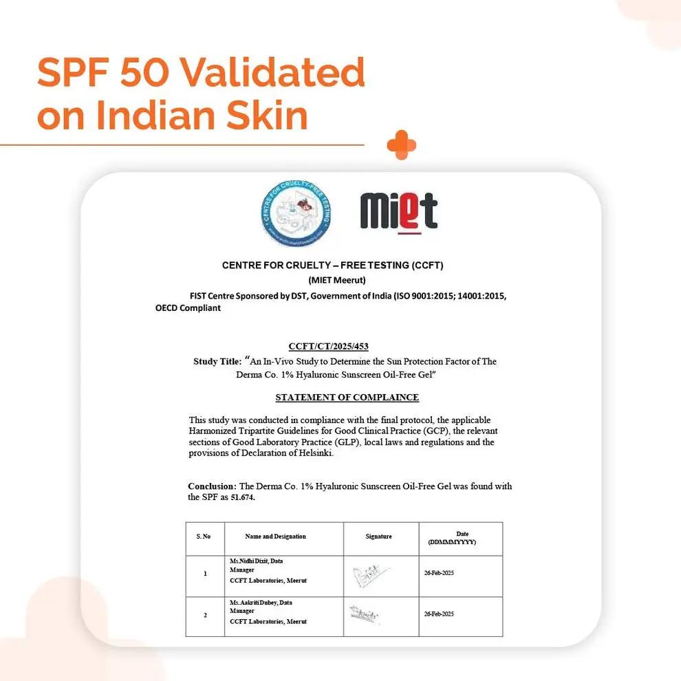 1% Hyaluronic Sunscreen Oil-Free Matte Gel In Vivo Tested (ISO 24444:2019 Certified, CTRI/2025/02/079913