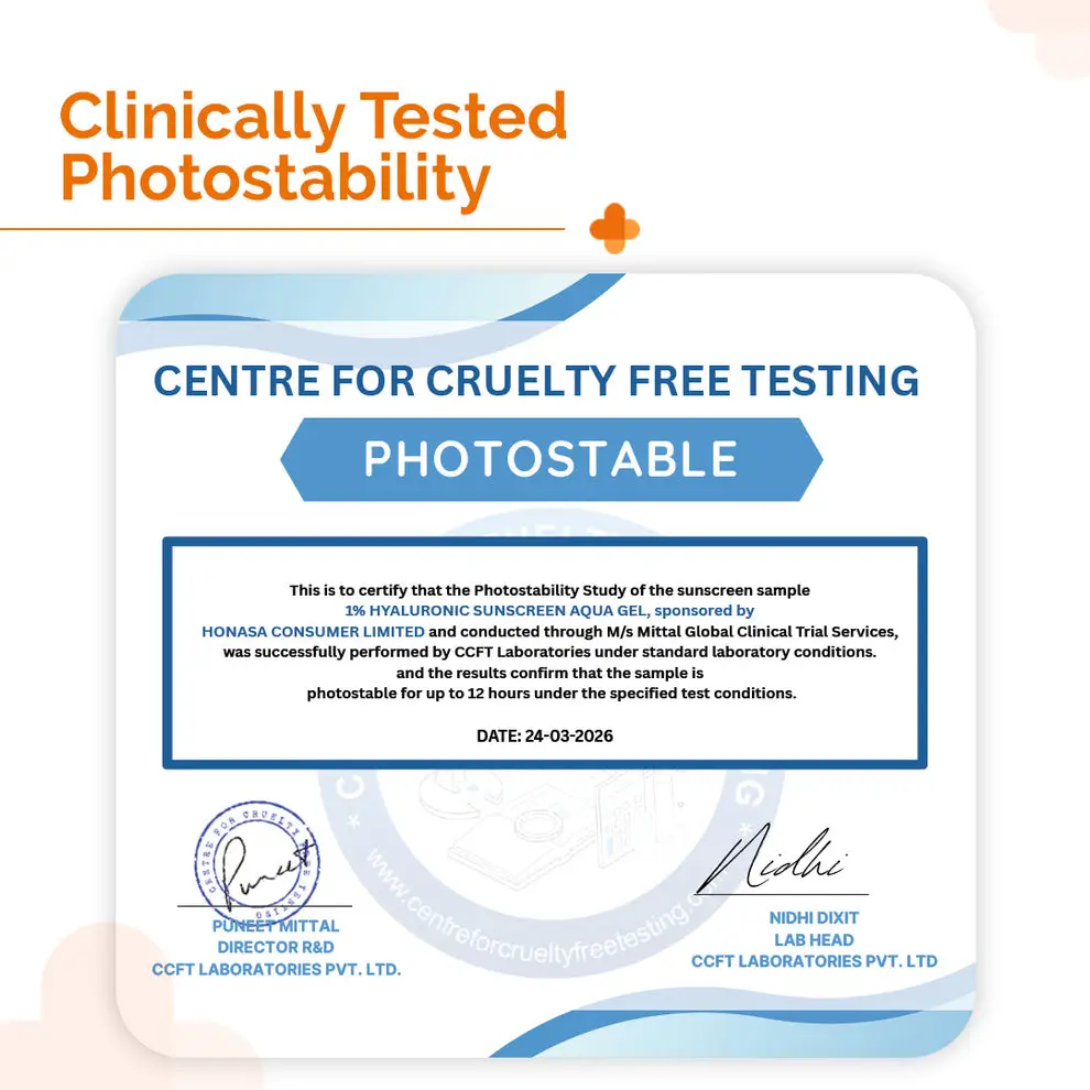 1% Hyaluronic Sunscreen Aqua Gel In Vivo Tested (ISO 24444:2019 Certified, CTRI/2025/02/080287) with SPF 50 & PA++++