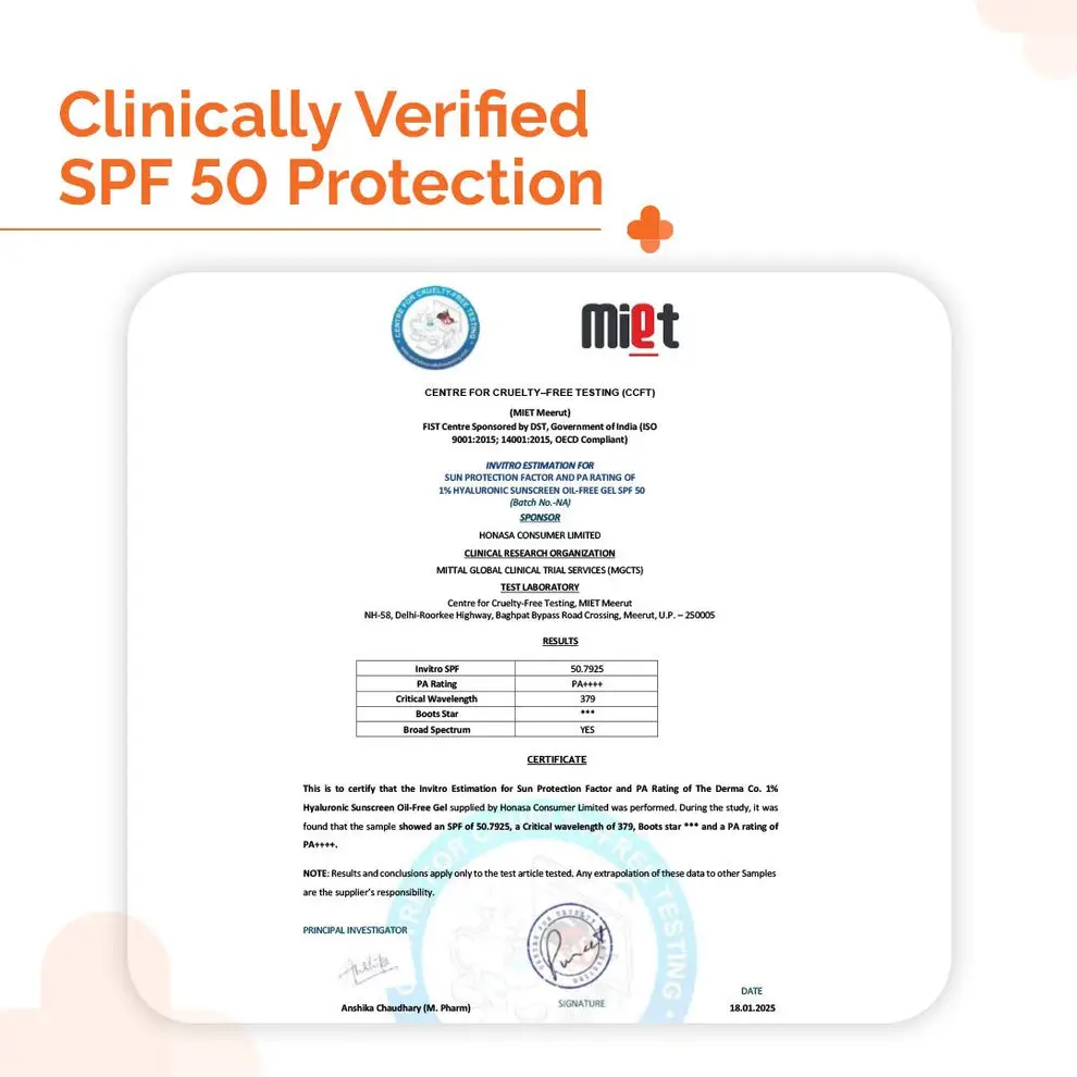 1% Hyaluronic Sunscreen Oil-Free Matte Gel In Vivo Tested (ISO 24444:2019 Certified, CTRI/2025/02/079913
