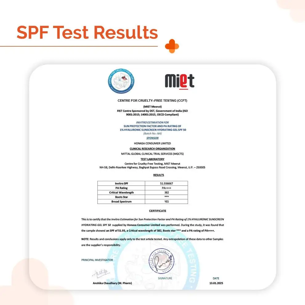 1% Hyaluronic Sunscreen Hydrating Gel In Vivo Tested (ISO 24444:2019 Certified, CTRI/2025/01/079445) with SPF 50 PA++++