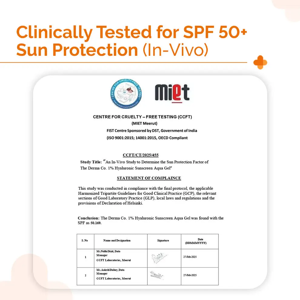 1% Hyaluronic Sunscreen Aqua Gel In Vivo Tested (ISO 24444:2019 Certified, CTRI/2025/02/080287) with SPF 50 & PA++++